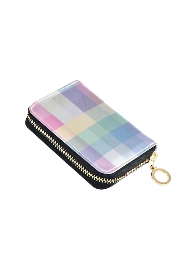 Checkered Pattern with Light Colors Women's Credit Card Holder PU Leather Zipper Wallet RFID Blocking
