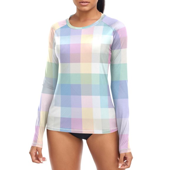 Checkered Pattern with Light Colors Women's Rash Guard Shirts UPF 50+ Sun Protection Clothing Long Sleeve Swim Suits XL