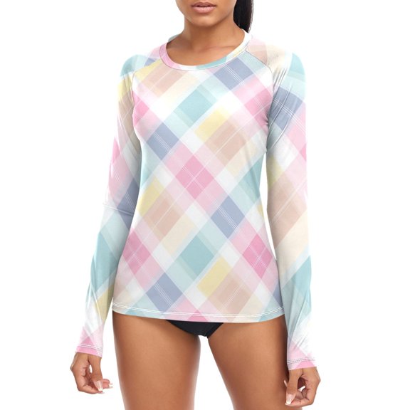 Checkered Pattern with Multicolor Women's Rash Guard Shirts UPF 50+ Sun Protection Clothing Long Sleeve Swim Suits L