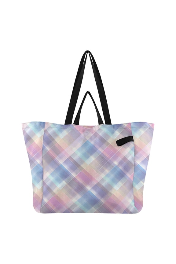 Checkered Pattern with Pastel Hues Foldable Canvas Tote Bags Reusable Grocery Bags Laundry Bags Beach Bag 32L