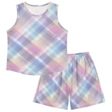Checkered Pattern with Pastel Hues Pajamas Set Sleeveless Sleepwear ...
