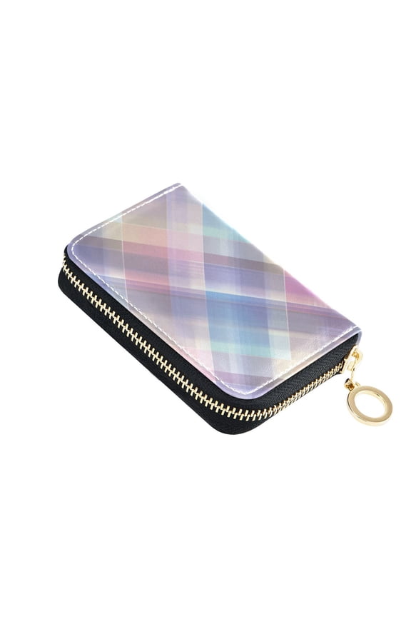 Checkered Pattern with Pastel Hues Women's Credit Card Holder PU Leather Zipper Wallet RFID Blocking