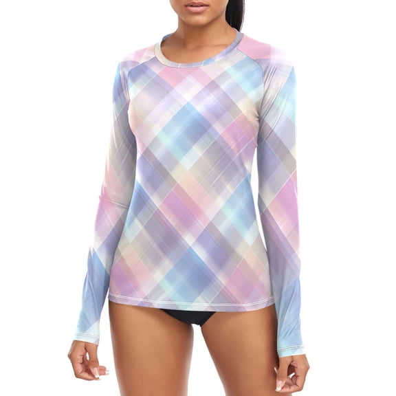 Checkered Pattern with Pastel Hues Women's Rash Guard Shirts UPF 50+ Sun Protection Clothing Long Sleeve Swim Suits M