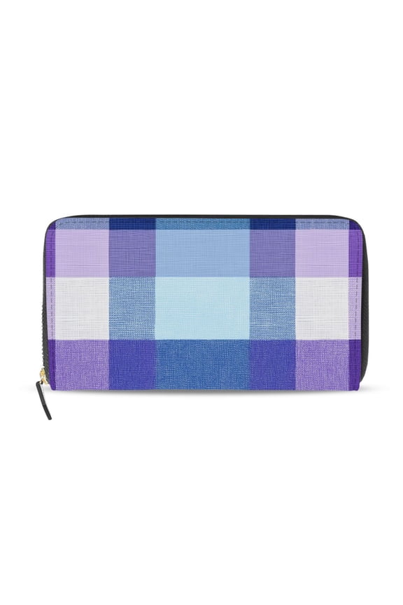 Checkered Pattern with Purple Blue Women's Long Zipper Wallet Bifold Clutch Purse PU Leather Card Cases
