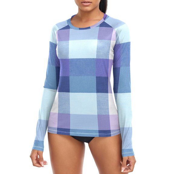 Checkered Pattern with Purple Blue Women's Rash Guard Shirts UPF 50+ Sun Protection Clothing Long Sleeve Swim Suits XS
