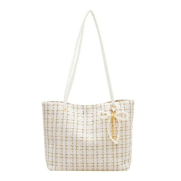 Checkered Patterns Quilted Shoulder Bag Purse for Women Fashion Tweed Pearl Clutch Handbag Small Crossbody Bag