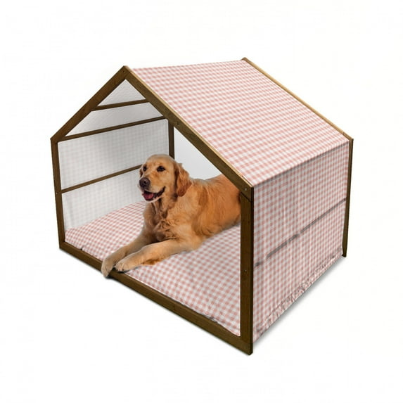 Checkered Pet House, Picnic in Countryside Themed Gingham Pattern in Soft Colored Print, Outdoor & Indoor Portable Dog Kennel with Pillow and Cover, 5 Sizes, Pale Peach and White, by Ambesonne
