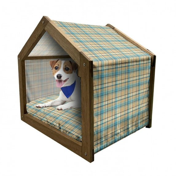 Checkered Pet House, Zigzag Patterned Lines Celtic Culture Inspired Fashion, Outdoor & Indoor Portable Dog Kennel with Pillow and Cover, 5 Sizes, Cream Pale Blue, by Ambesonne