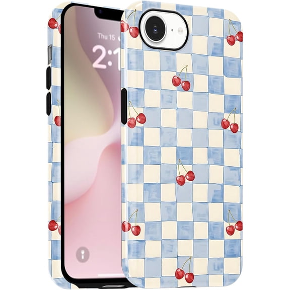 Checkered Phone Case for iPhone 16e/iPhone 17e 6.1" Cute Aesthetic Checkerboard Cherry Pattern Cover for Women Girl,Trendy TPU Shockproof Protective Cases for iPhone 16e/iPhone 17e, Blue White