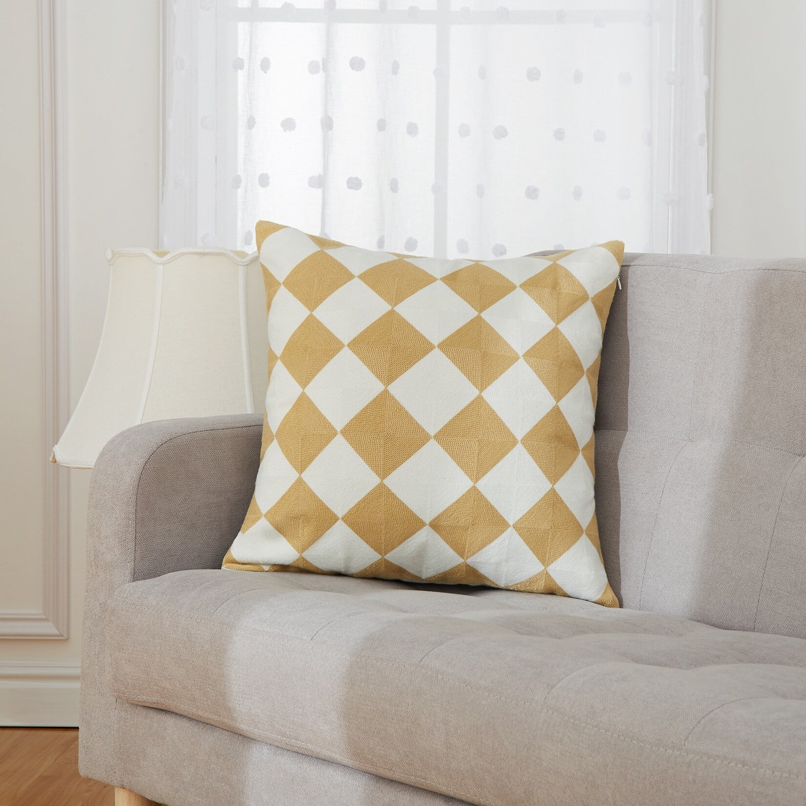 Beige and White Checkered Polyester Pillow Covers 20 x 20 Set of 2