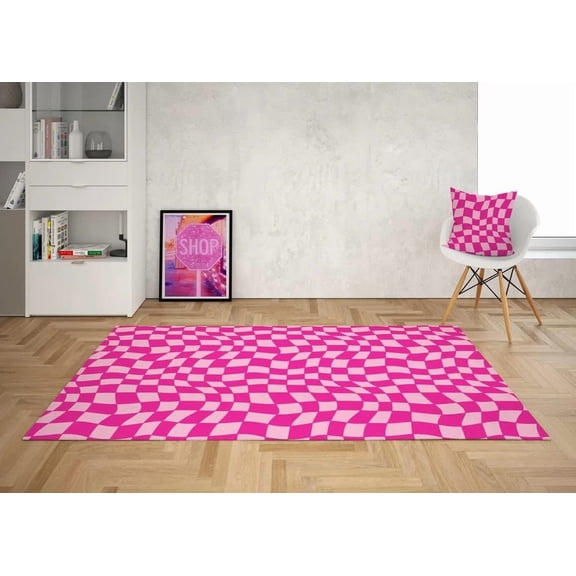 Checkered Pink Area Rug, Minimalist Art Deco Design Carpet, Non Slip Soft Pile, Living Room Bedroom Playroom Utility Room Mat 2x3ft