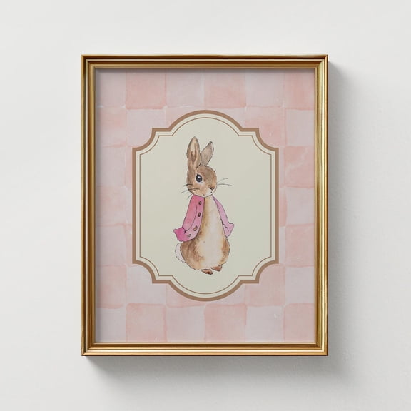 Checkered Pink Flopsy Peter Rabbit Illustration Print Nursery Decor Abstract Painting Vertical Wall Art Modern Wall Decor For Living Room Art