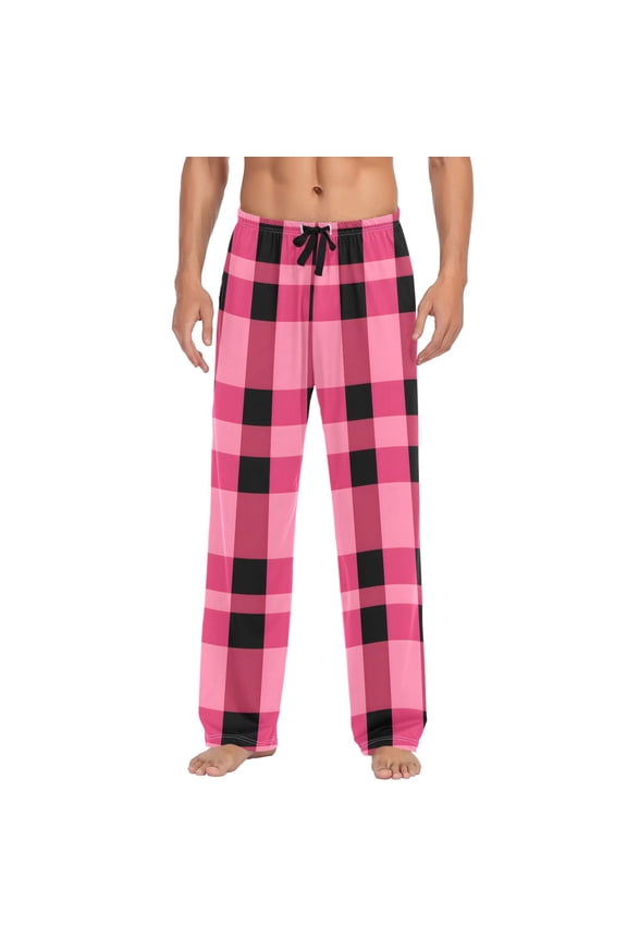 Checkered Pink Grid Print Men's Pajama Pants Cotton Long Sleepwear Lounge Pants 2XL