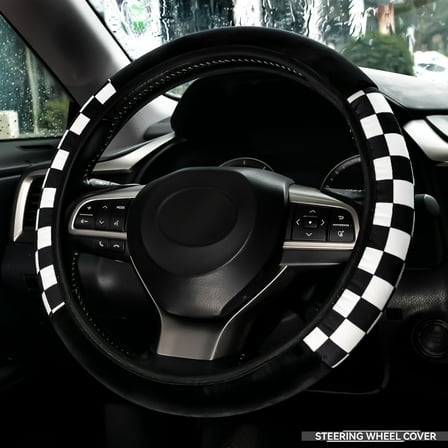 Checkered Plaid Soft Warm Fuzzy Auto Steering Wheel Cover Plush Universal Winter White-Black Fit for Truck, SUV, Cars