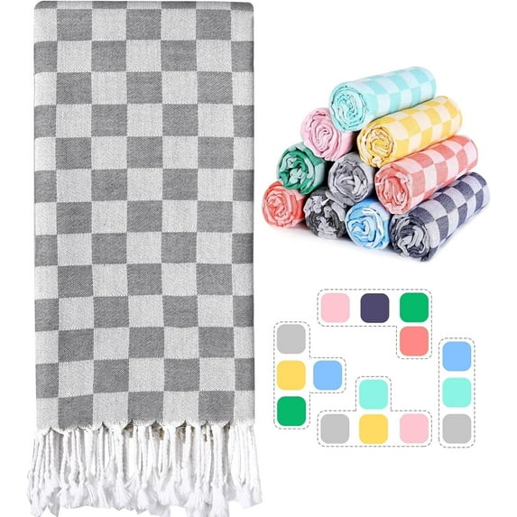 Checkered Plaid Turkish Beach Towel Oversized Cotton Bath Towels Sand Free Quick Dry Soft Absorbent Pool Swim Towel Adult Vacation Travel Essentials Cruise Accessories Must Haves Clearance 72x36