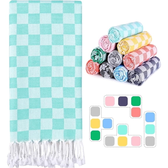 Checkered Plaid Turkish Beach Towel Oversized Cotton Bath Towels Sand Free Quick Dry Soft Absorbent Pool Swim Towel Adult Vacation Travel Essentials Cruise Accessories Must Haves Clearance 72x36