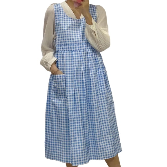 Checkered Plaids Long Apron Adjustable Side Tie Split Pleated Bib Apron with Pockets for Women Florist Shop Overalls