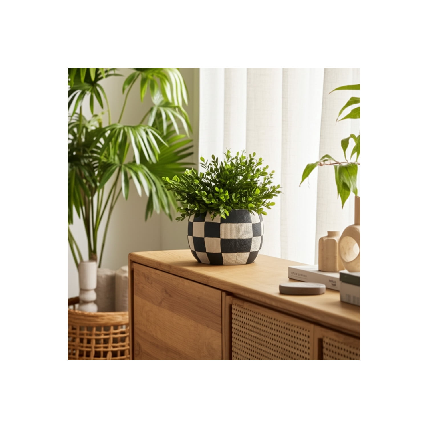 Modern Rounded Checkerboard Flower Pots for Home Decor Stylilng - Refined Planters with Graphic Pattern Detail - Decorative Planter Accent for Indoor Plants and Outdoor Use - 5", Black & White
