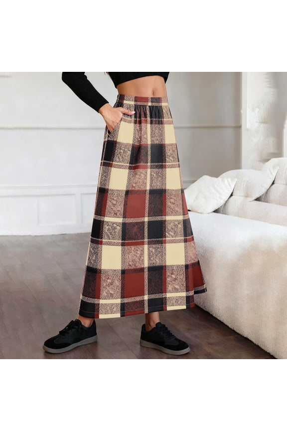 Checkered With Pockets Wool Blend Skirt for Women Elastic Waist Button Detail Fall Winter Office Brunch Shopping Weekend Getaway Warm Soft Fabric Flattering Orange S