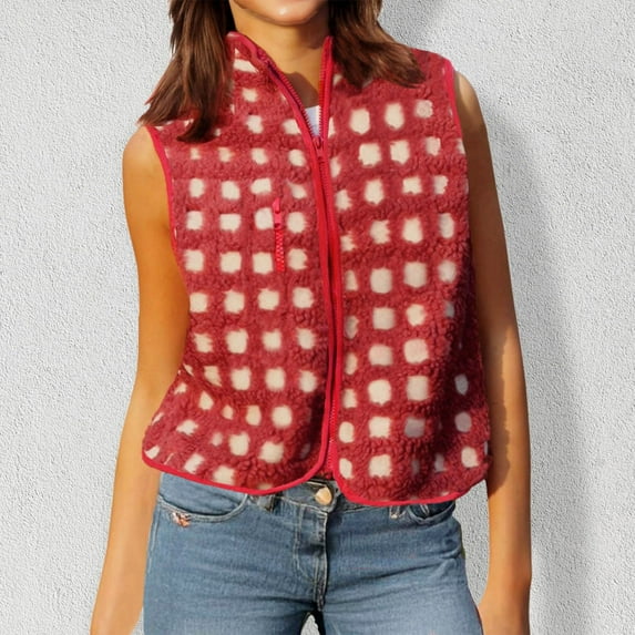 Checkered Polar Vest Sleeveless Cardigan High Collared Zip Up Winter Top Red Warm Outfit Women's Jackets Short Wool Coat Women 1x Winter Coat Coat Hoodies for Women 4x Womens Jacket plus Size Long