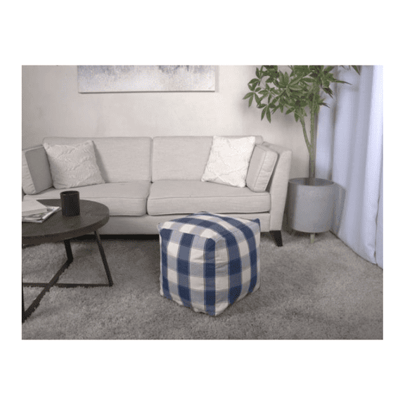 Checkered Pouf Ottoman - 16x16x16 Ivory & Navy Blue - Floor Cushion, Decorative Accent, Versatile Seating for Living Room, Bedroom, Kids Rooms