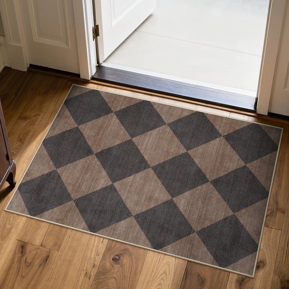 Checkered Print 2x3 Samall Area Rugs For Entryway  Washable Stain Resistant Kitchen Rug Non Slip Ultra Thin Bath Mat Plaid Moroccan Alfombra Bedroom Laundry Sink (brown/black)
