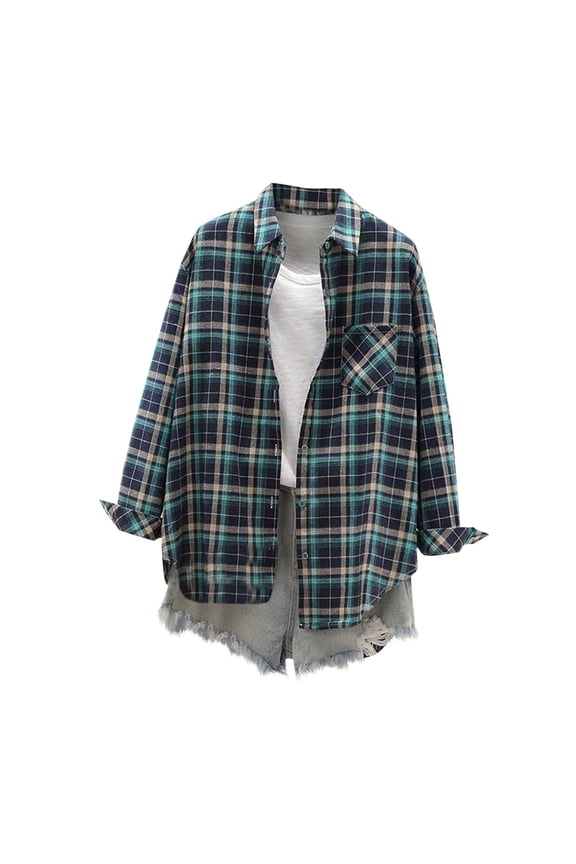 Checkered Print Blouses Womens Color Block Shirts Tops Lapel Long Sleeve Sweatshirt with Pockets Comfort Casual Sweater Tops with Pockets