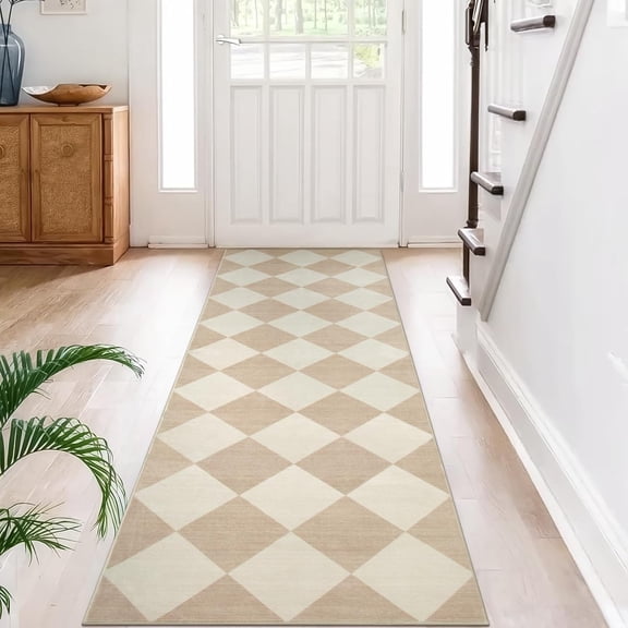 Checkered Print Carpet Runners for Hallway 6ft, Beige Ultra Thin Washable Kitchen Runner Rug Non Slip, Moroccan Plaid Checkerboard Decor Faux Wool 2x6 Rug for Bedroom Bathroom Entryway