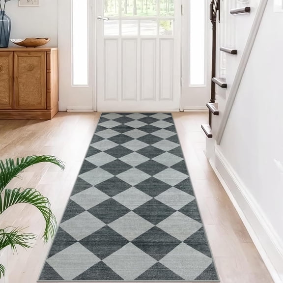 Checkered Print Hallway Runner Rug 2.5x8, Ultra Thin Kitchen Runner Rugs Non Skid Washable 8ft, Moroccan Plaid Design Floor Carpet for Entryway Bedroom Bedroom, Gingham Geometric Home Decor