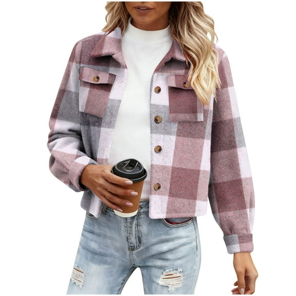 Checkered Print Jackets Womens Cropped Long Sleeve Varsity Jackets Lapel Causal Sweatshirt Open-Front Button Sweatshirt with Pockets