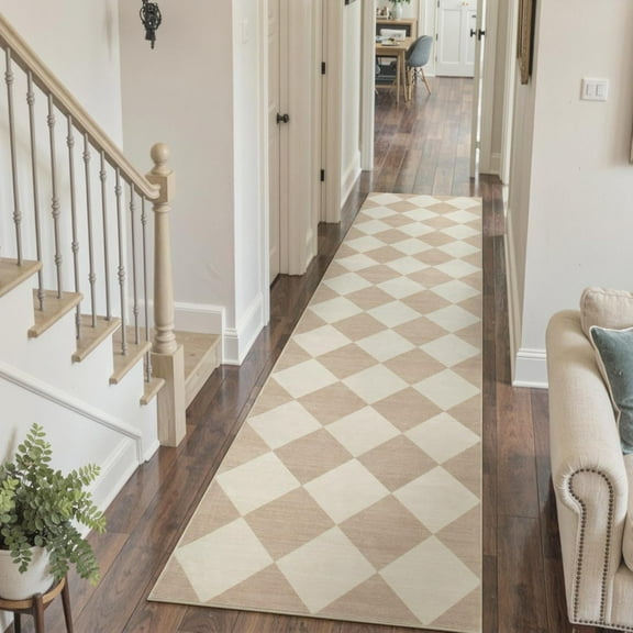 Checkered Print Long Hallway Runner Rug, Beige Ultra Thin 2.5x10 Washable Non-Slip Runner Rug for Bathroom Kitchen Hallways