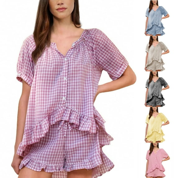 Checkered Print Pajama Set Short Style with Ruffled Sleeves Casual Sleepwear