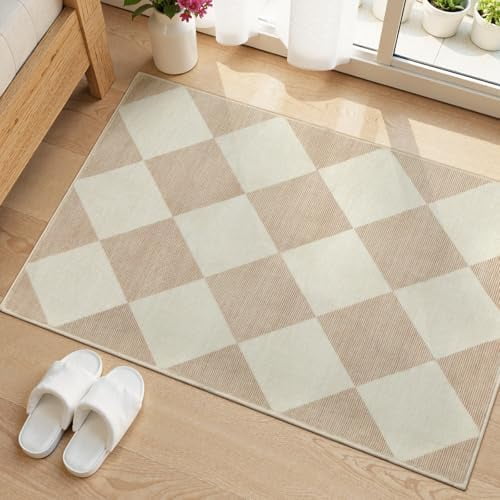 Checkered Print Washable Indoor Door Mats for Entryway, 2x3 Non Slip Ultra Thin Bathroom Rugs Fit Under Door, Moroccan Diamond Decor Beige Small Rugs for Bedroom Kitchen Laundry Entrance