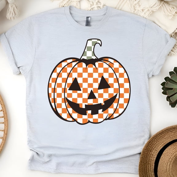 Checkered Pumpkin Graphic T-Shirt | Unisex Fall Outfit, Ash, Size 3XL