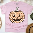 thumbnail image 1 of Checkered Pumpkin Graphic T-Shirt | Unisex Fall Outfit, Light Pink, Size M, 1 of 6