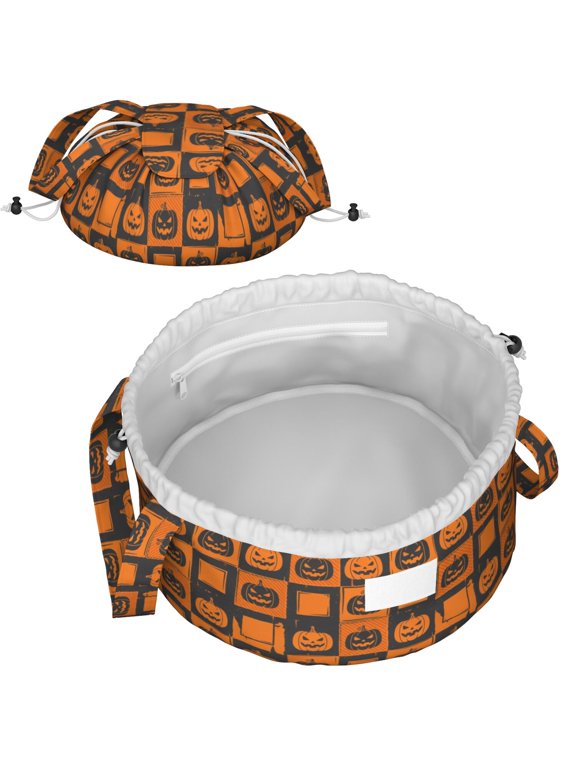 Checkered Pumpkin Halloween Pattern Drawstring Makeup Bag, Daily Makeup Tote with Inner Pockets, Soft Smooth Texture Gift Ideas for Holiday Birthday Gifts