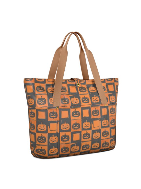 Checkered Pumpkin Halloween Pattern Large Tote Bag for Women, Polyester Roomy Shoulder Bag with Pockets and Zipper, Foldable Gifts Ideas for Women Men