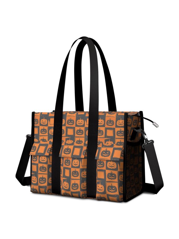 Checkered Pumpkin Halloween Pattern Utility Tote Bag, Nurse Shoulder Bag with Multi Pockets & Removable Strap, Large Capacity Gifts for Work School Travel