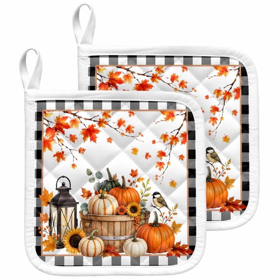 Checkered Pumpkins Fall Pot Holders for Kitchen Heatproof Potholder, 2 Pack Thanksgiving Leaves Branches Hot Pads Multipurpose Oven Pads Terry Cloth Potholders Trivet for Cooking and Baking