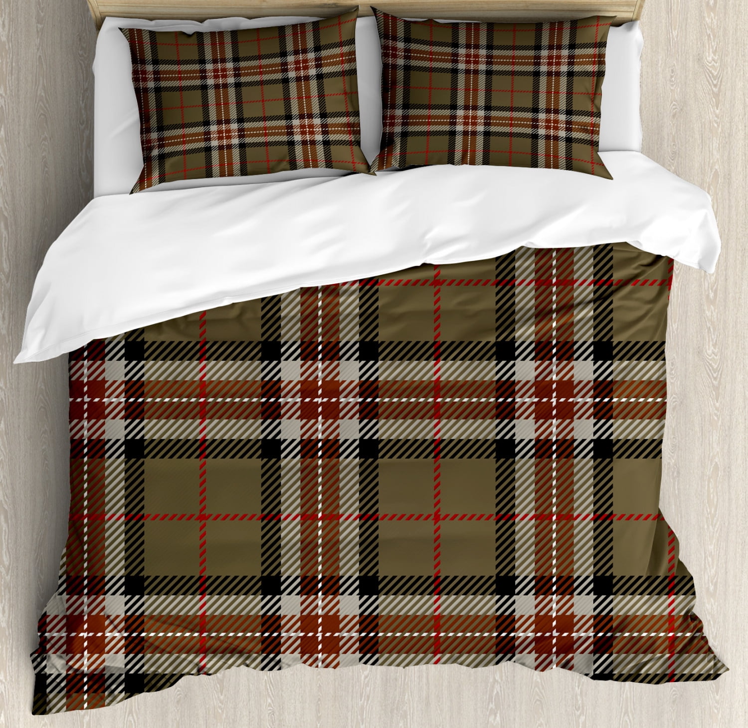 Plaid Queen Size Duvet Cover Set in Brown and Red Microfiber