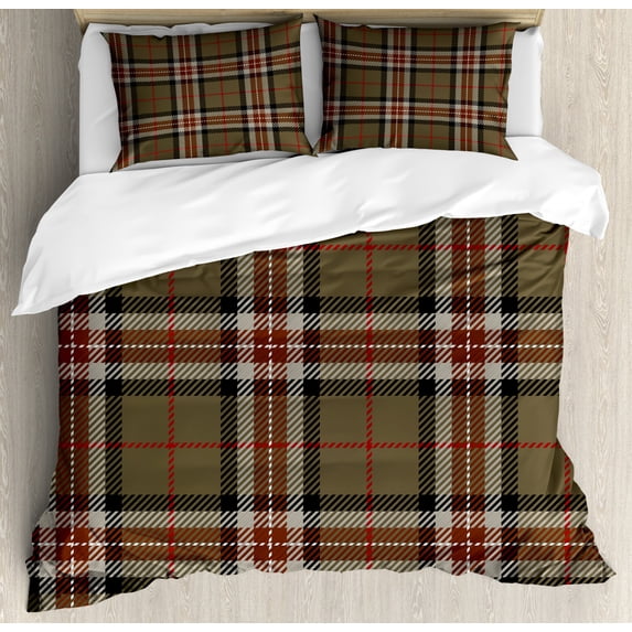 Checkered Queen Size Duvet Cover Set, Scottish Style Tartan Geometrical Striped Pattern Cultural Folk Elements, Decorative 3 Piece Bedding Set with 2 Pillow Shams, Brown Red Black, by Ambesonne