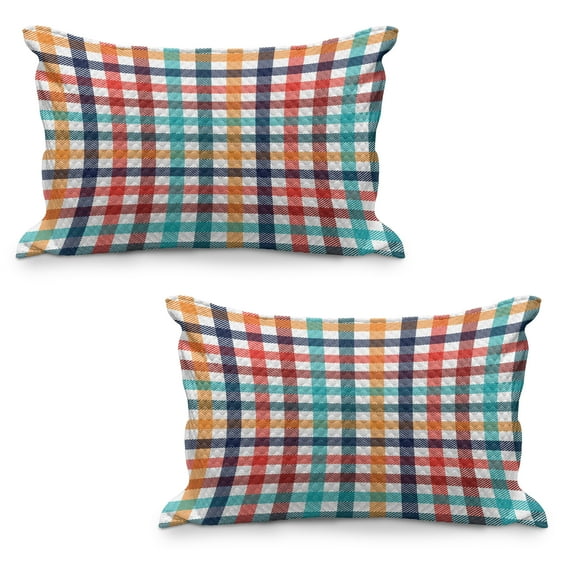 Checkered Quilted Pillowcover Set of 2, Colorful Fresh Summertime Pattern Design Gingham Plaid Striped Traditional Picnic, Standard Queen Size Pillow Cover Bedroom, 30" x 20", Multicolor, by Ambesonne