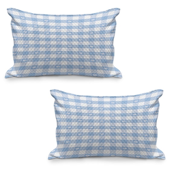 Checkered Quilted Pillowcover Set of 2, Gingham Motif with Little Hearts Pastel Blue Shower Theme, Standard Queen Size Pillow Cover for Bedroom, 30" x 20", Pale Blue White, by Ambesonne