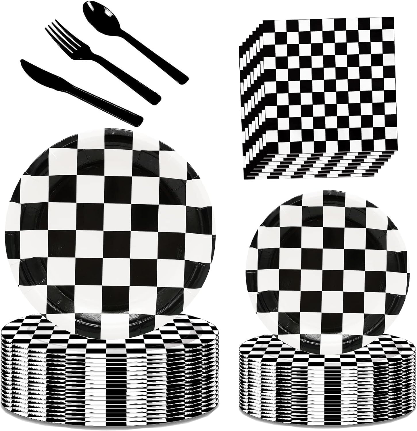 Checkered Race Car Party Supplies 150Pcs Set for 25 Guests Black and