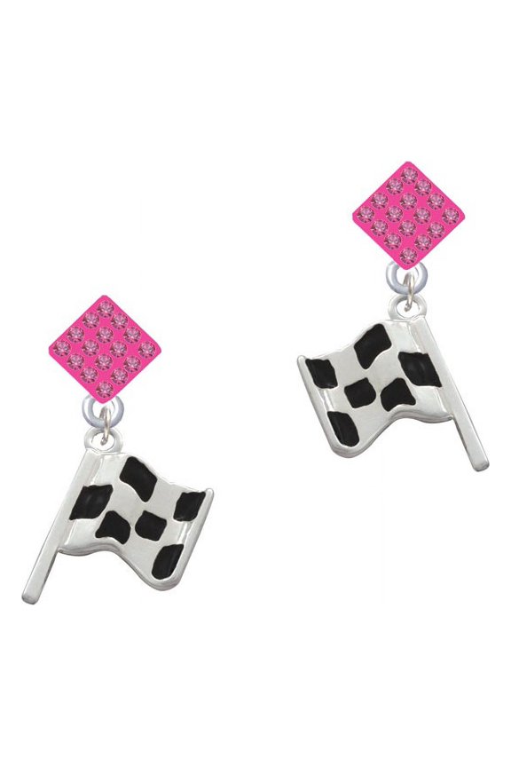 Checkered Race Flag Hot Pink Crystal Diamond-Shape Earrings