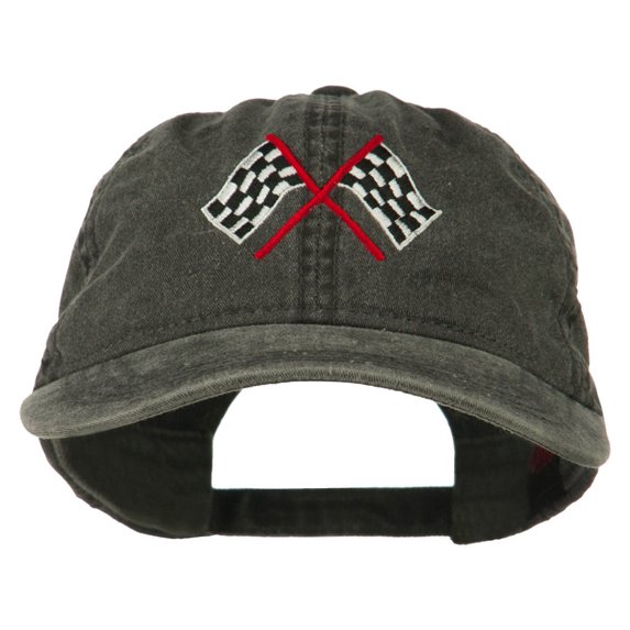 Checkered Racing Flag Embroidered Washed Cap - Black OSFM