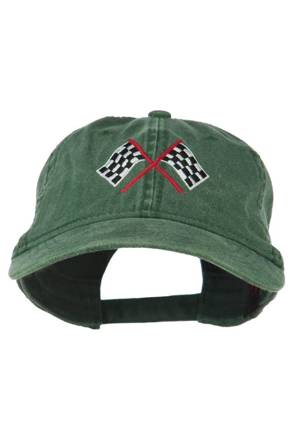 Checkered Racing Flag Embroidered Washed Cap - Dark Green OSFM