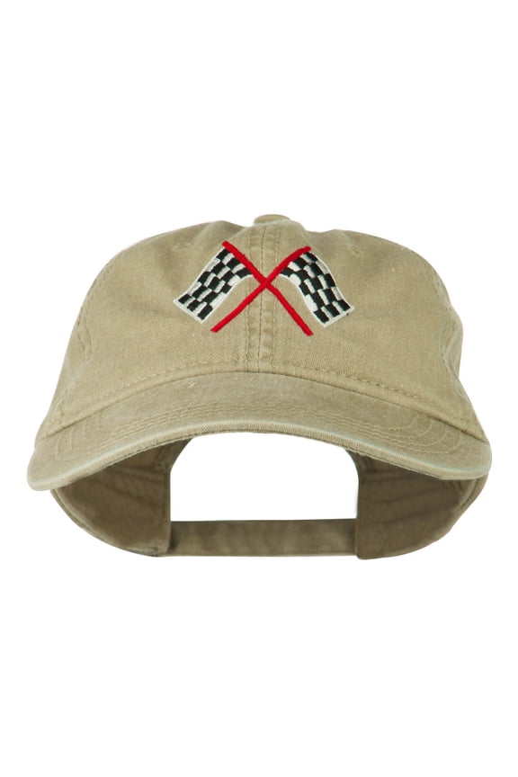 Checkered Racing Flag Embroidered Washed Cap - Khaki OSFM