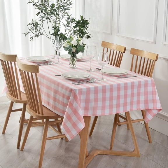 Checkered Rectangle Tablecloth Water Resistance Wrinkle Free Spillproof Heavy Weight Gingham Plaid Table Cloth for Buffet Banquet Parties Event Holiday Dinner, 60 x 84 Inch Pink and White