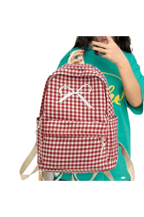 Checkered Red Bowknot Backpack with Durable Polyester, Checkered Backpack Casual Backpack Fortravel Commuting Weekend Trip